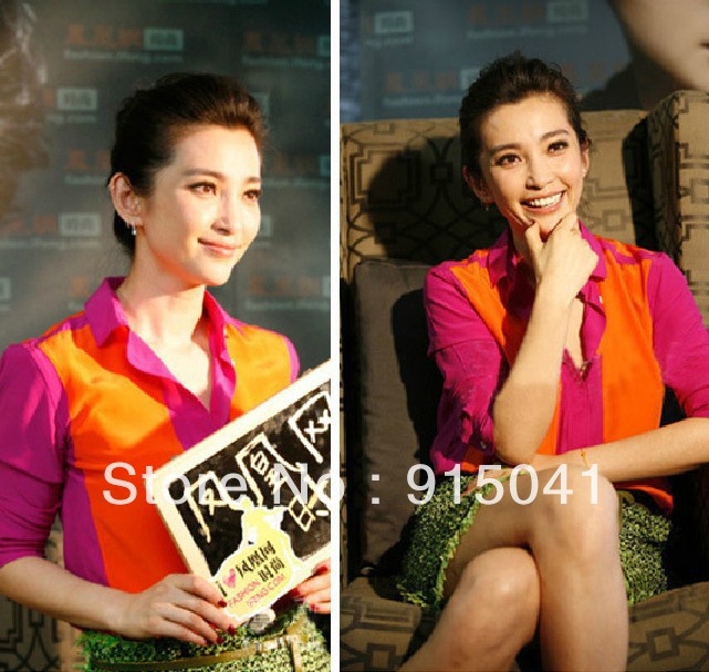 D66-14-019 in Europe and America Bingbing with paragraph hit color stitching long-sleeved blouses shirts