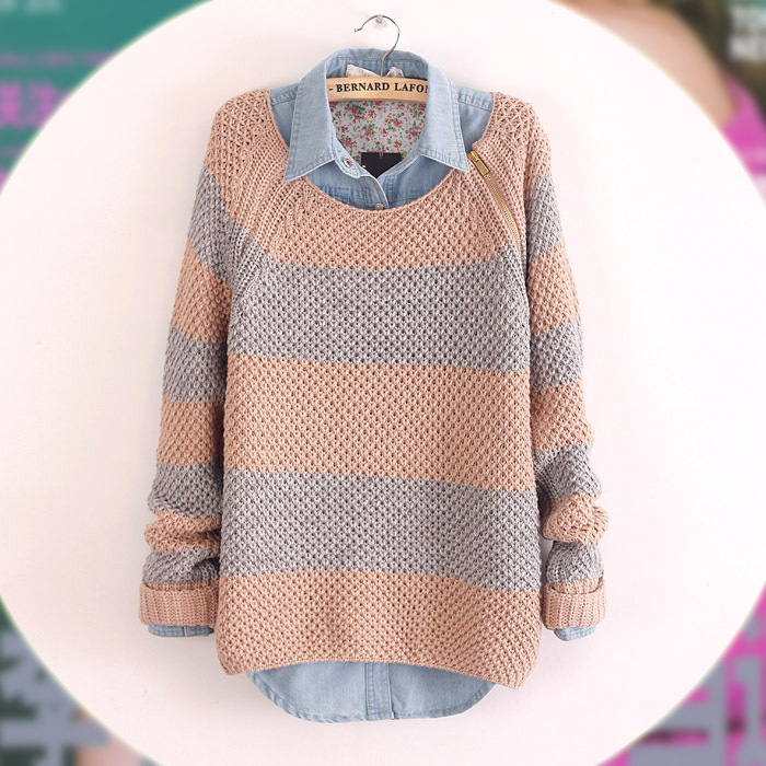 D68 autumn and winter 2012 women's stripe o-neck loose sweater fashion all-match sweater outerwear