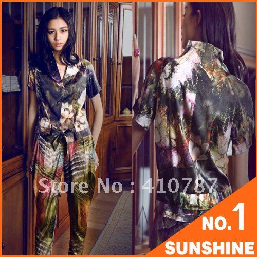 Da vinci-Ink Lotus/Blouse/shirt/Active silk/avant-garde/mulberry silk/short sleeve/printing/women/real silk/Free Shipping/VOAA07
