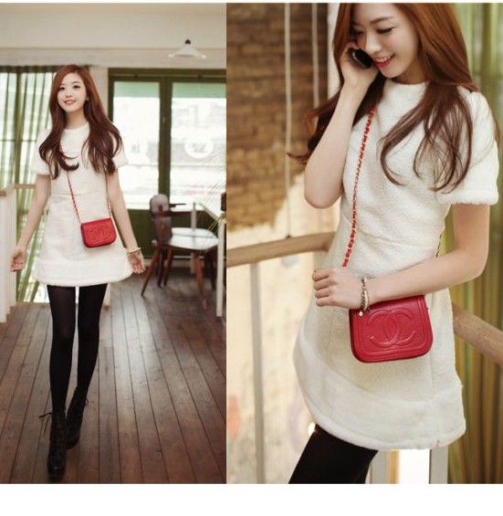 Dahong intellectuality gentlewomen solid color suede leather thickening short-sleeve dress women's winter