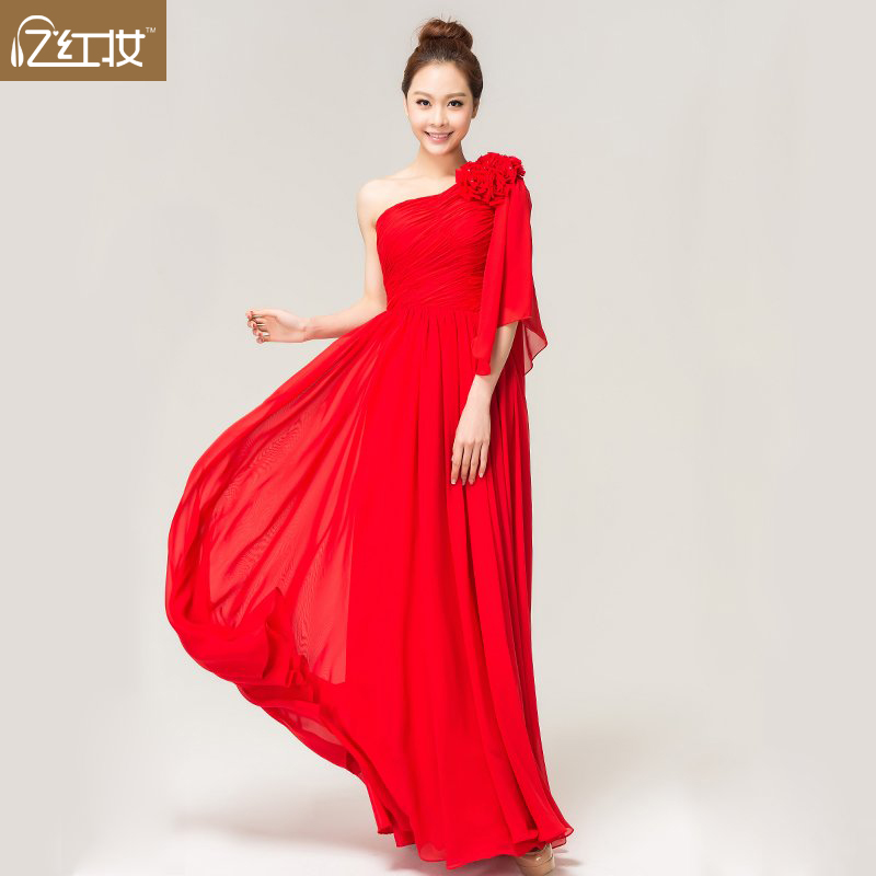 Dance Prom Formal Dresses Evening Gowns Party Women's New arrival  bride    red one shoulder flower chiffon slim   LF299
