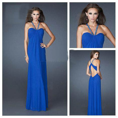 Dashing Halter Beaded Royal Blue Chiffon A-line Full Length Dresses Evening Sexy 2013