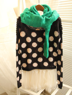 Dazzle 123e402 vintage polka dot cutout crochet o-neck pullover short design sweater free shipping