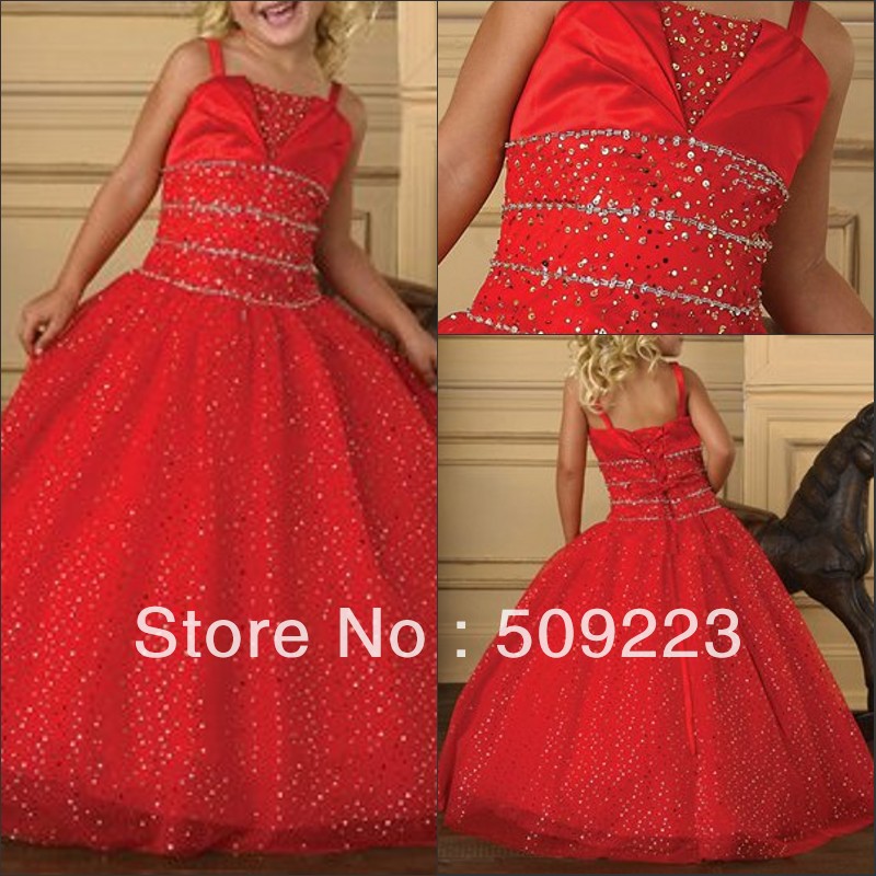 Dazzling princess cap sleeve red satin applique and beaded A-line ankle length low back the most beautiful flower girl dresses