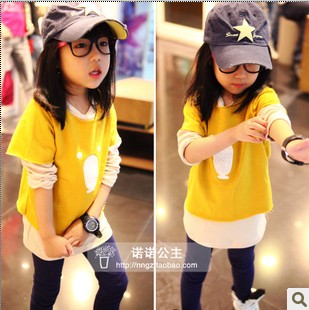 Dearie baby autumn female child casual solid color short-sleeve sweatshirt long-sleeve basic shirt twinset