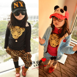 Dearie baby female child all-match knitted elegant leopard head thickening turtleneck basic shirt long-sleeve T-shirt