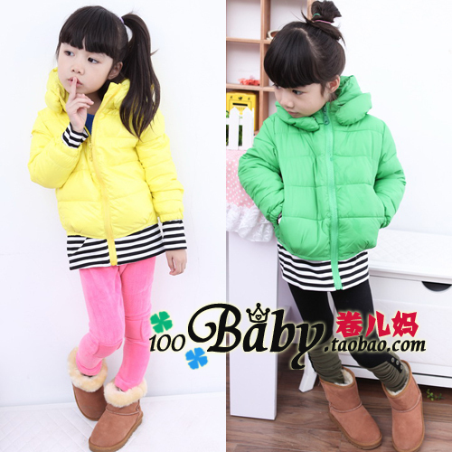 Dearie baby winter female child stripe patchwork wadded jacket outerwear snow clothing faux two piece