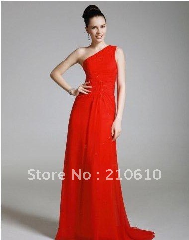 Debra Messing Sheath/ Column One Shoulder Sweep/ Brush Train Chiffon Emmy/ Red 2012 Evening Dress