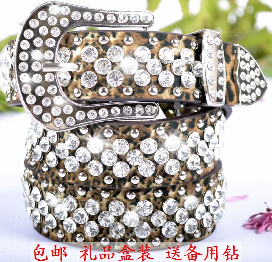 Decoration crystal women's belt rhinestone diamond leopard print genuine leather cowhide belt for ladies