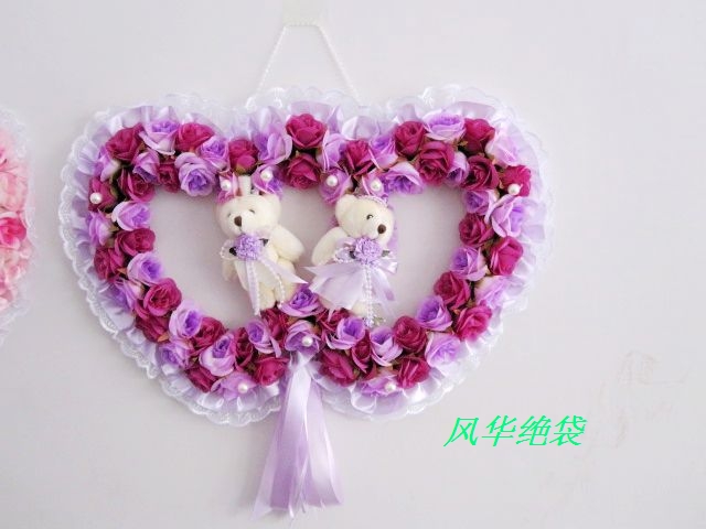 Decoration lovers wedding bear purple double heart rose