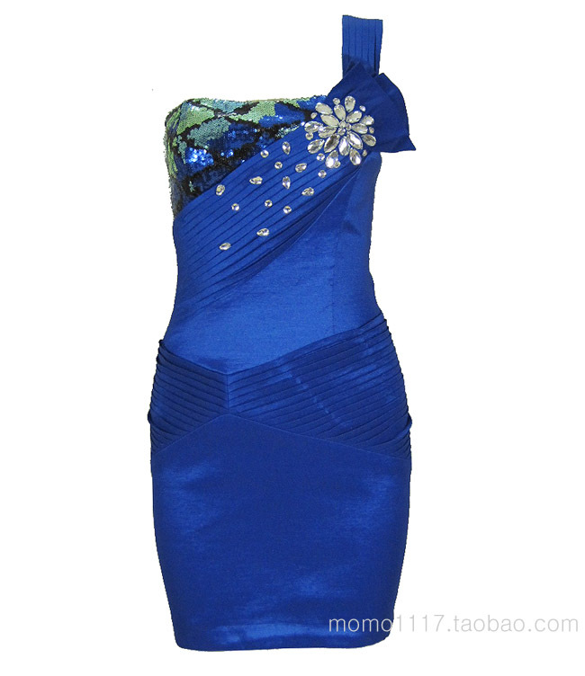 Decorative pattern paillette rhinestone gem pleated one shoulder oblique one-piece dress