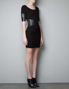 Deep V-neck zipper back PU patchwork faux leather half sleeve one-piece dress full of the waistline free sipping
