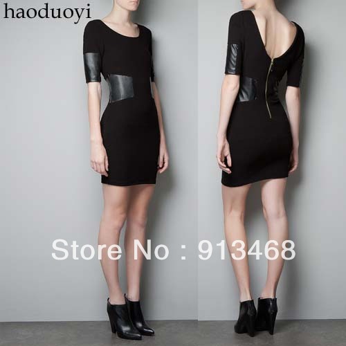 Deep V-neck zipper back PU patchwork half sleeve faux leather waist one-piece dress full