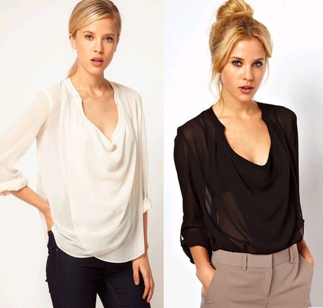 Deep V semi - Cross placket long-sleeved chiffon blouse color