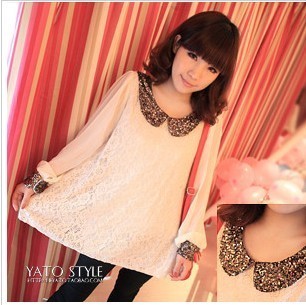 Delicate paillette peter pan collar chiffon lantern sleeve lace shirt 2 /FREE SHIPPING BY CPAM