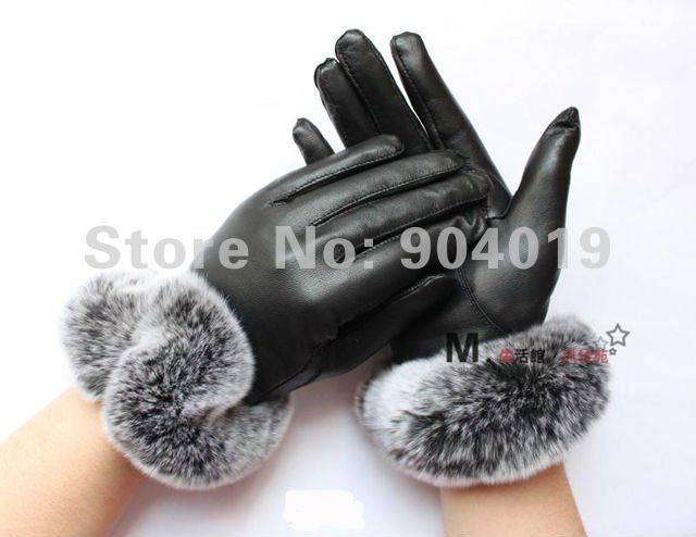 Deluxe Genuine Lamb Leather Women Wrist Gloves with Beaver Rex Rabbit Fur S M L