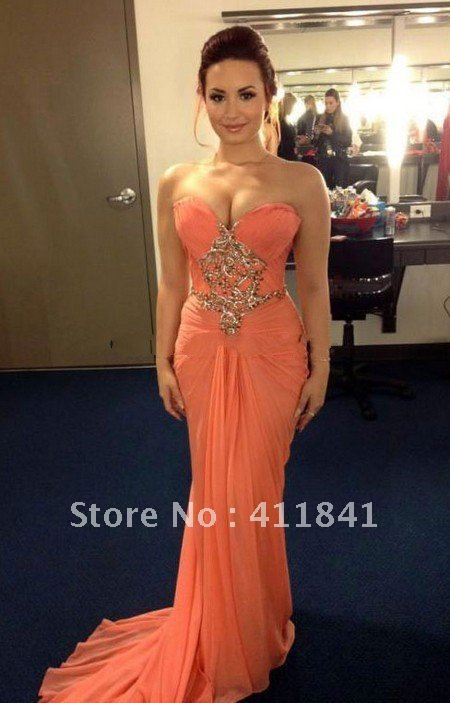 Demi Lovato Strapless Peach Chiffon Gown Celebrity Dress 2012 People's Choice Awards