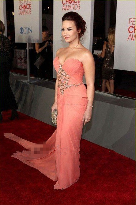 Demi Lovato Strapless Peach Chiffon Gown Celebrity Dress 2012 People's Choice Awards