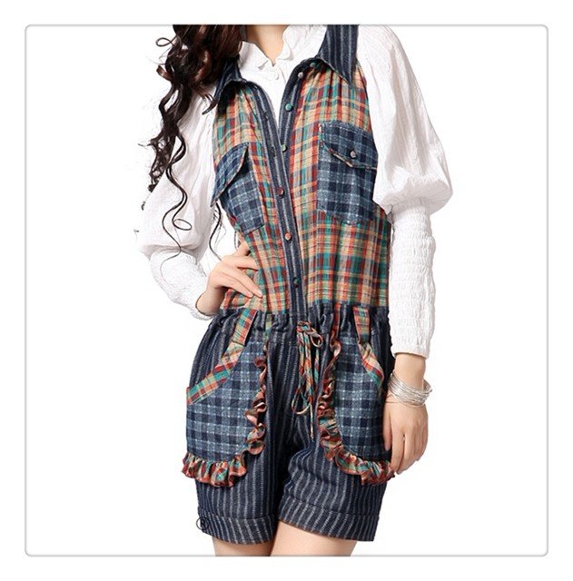 DEMONSTYLE lady's checkered  jumpsuit,braces short pants KA10121C