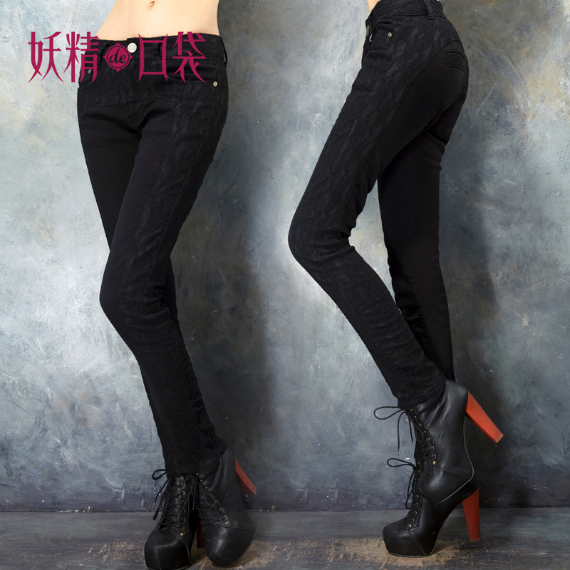DEMONSTYLE spring lace vintage jeans,women's black pants,women's jeans