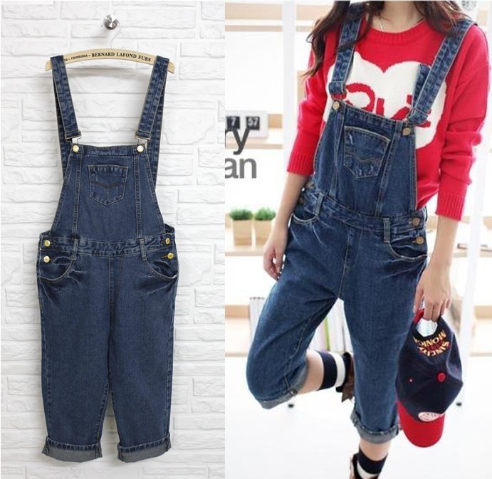 Denim bib pants capris knee-length pants loose casual roll up hem multi-pocket plus size suspenders denim jeans Free shipping