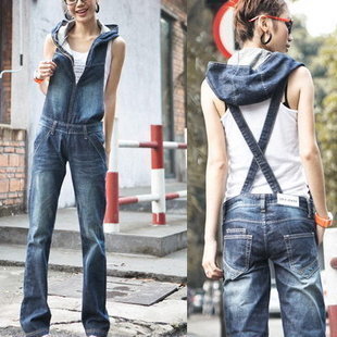 Denim bib pants female 2012 with a hood bib pants zipper straight bib pants
