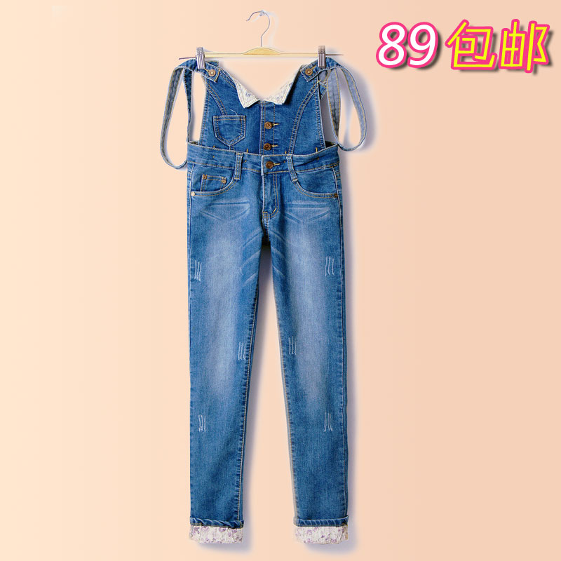 Denim bib pants women's spring and summer jumpsuit 2012 casual loose straight spaghetti strap long trousers