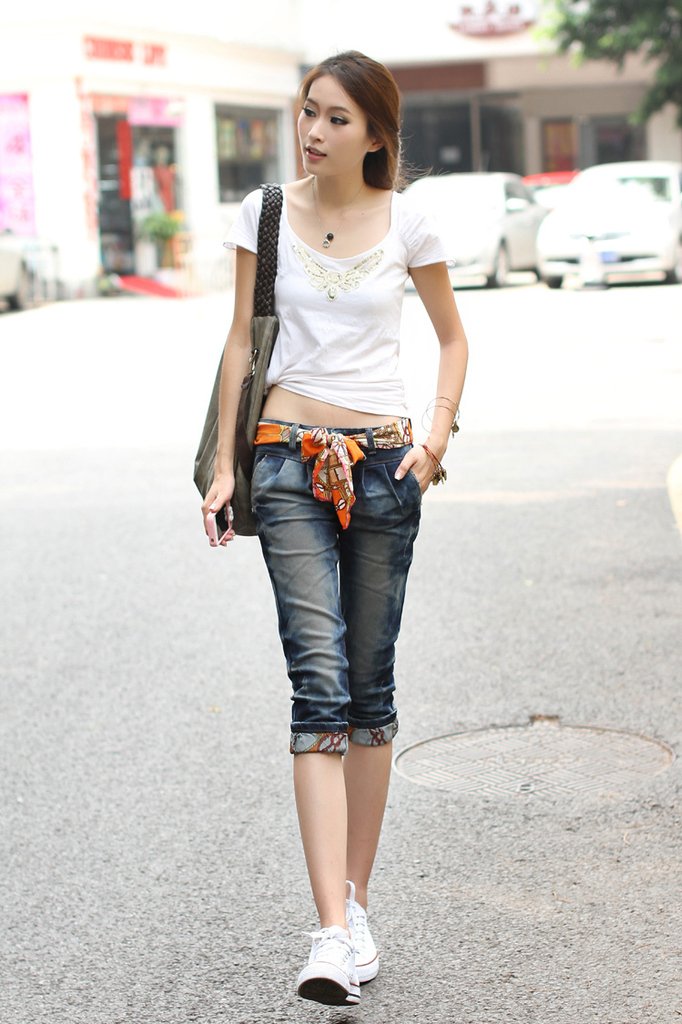 Denim capris female denim capris cotton prints decoration ribbon 1031