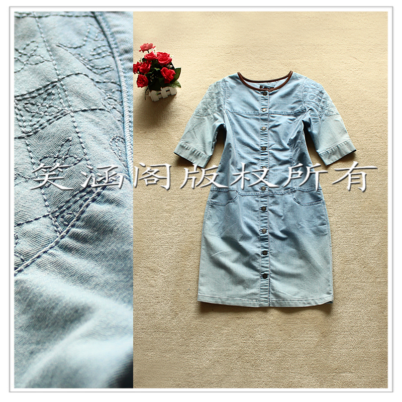 Denim leather o-neck vintage button short-sleeve denim skirt q-032102