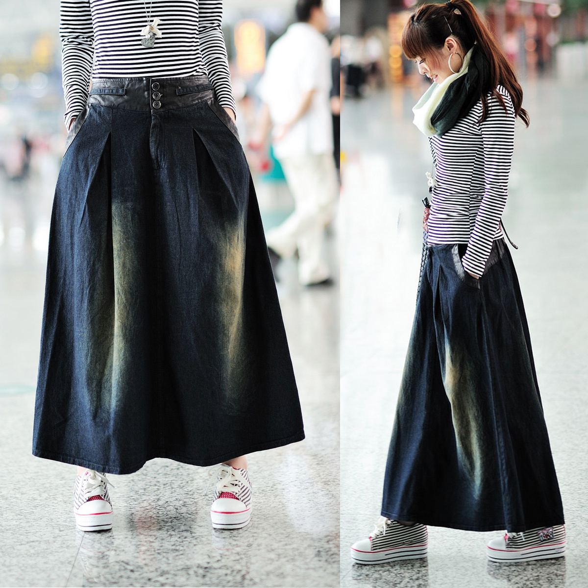 Denim/ long design full/leather decoration bust skirt