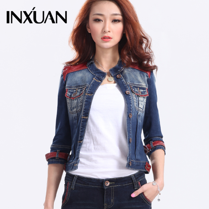 Denim outerwear female short jacket design top three quarter sleeve denim coat patchwork leather