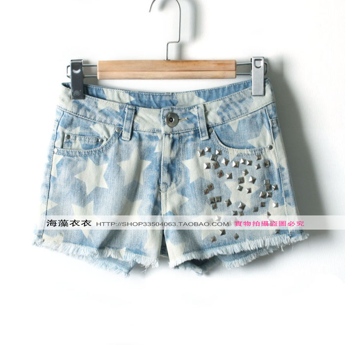 Denim shorts autumn and winter female spring and autumn loose rivet water wash retro finishing jeans