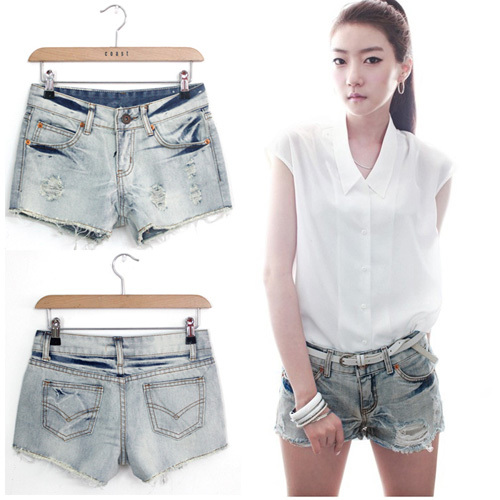 Denim shorts female 2011 loose hole roll up hem roll-up hem shorts water wash moben