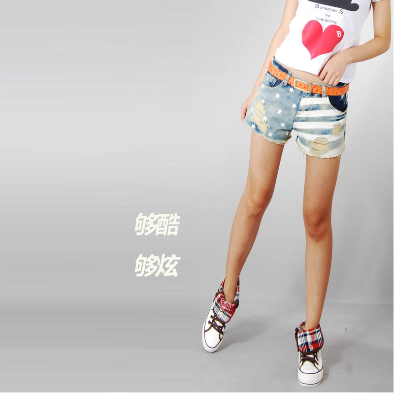 Denim shorts female denim shorts hole shorts female roll up hem loose shorts summer female