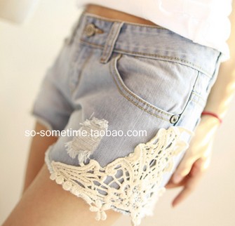 Denim shorts female summer 2013 beautiful lace patchwork light color denim trousers hot