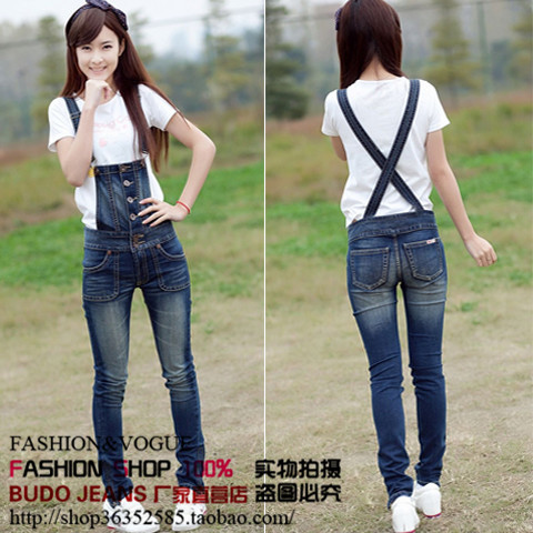 Denim suspenders trousers female 2013 slim suspenders skinny pants pencil pants 7222 elastic belt