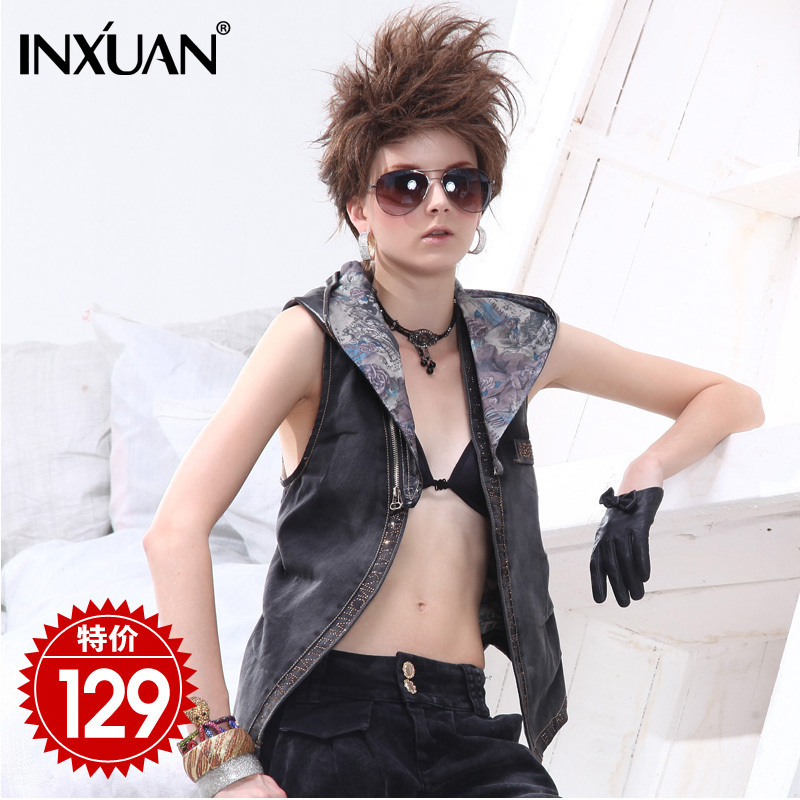 Denim vest female fashion with a hood vest leather mosaic personalized vest