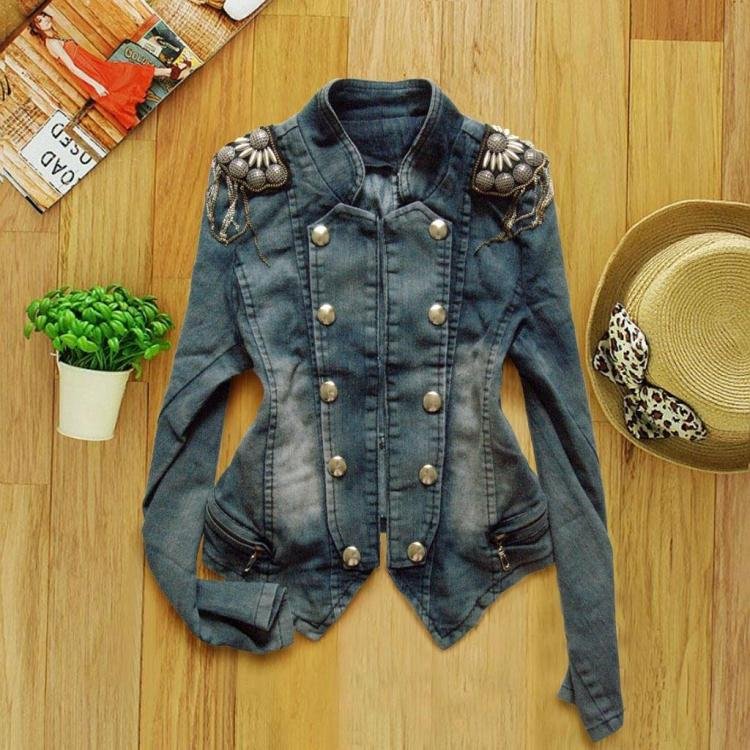 Denim Women's Casual Elasticity Korean Version New Autumn Winter Long-Sleeved Jeans Coat Jacket Epaulettes 829 Free Shipping