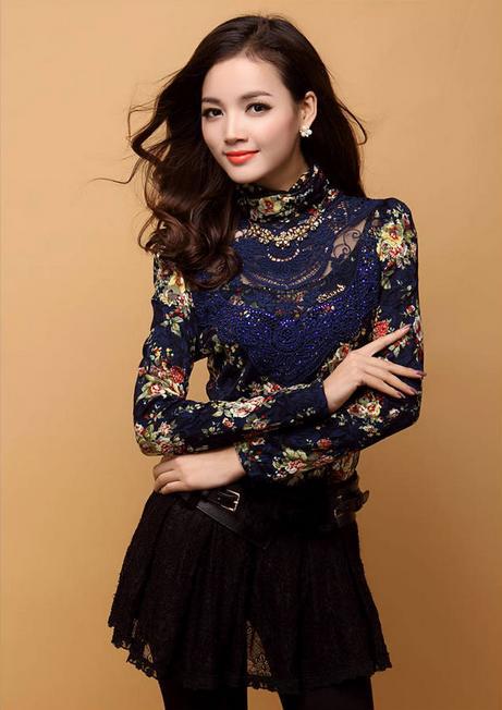 Design and color restoring ancient ways splicing bud silk turtle neck sexy T-shirt render unlined upper garment