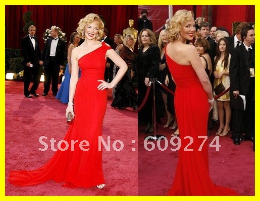 Designer 2012 Famous One Shoulder Chiffon Ruched Red Sexy Celebrity Dresses Sheath Empire Formal Evening Dress