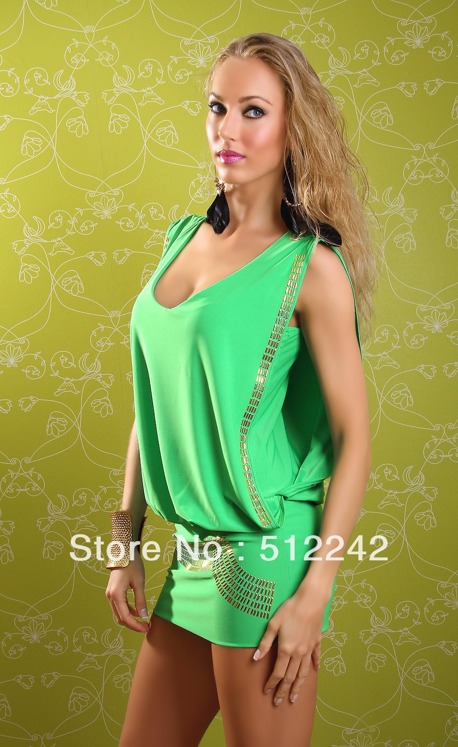 Designer Ladies' Dresses with Rivet Embellishment  black green High Quality 2563 free shipping