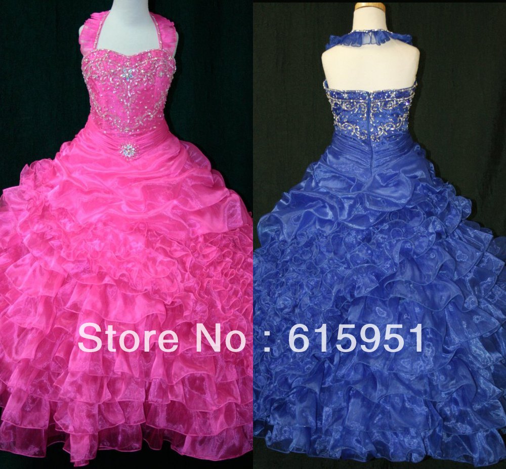 Designer Ruffled Halter Appliues Beaded Organza Puffy Little Girl Ball Gown Pageant Gown JW0040