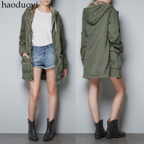 Detachable leopard print wool liner hooded slim waist Army Green trench leopard print patchwork chapultepec outerwear 6 full