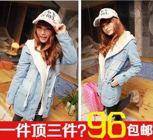 Detachable liner hooded slim waist berber fleece large lapel thickening denim wadded jacket outerwear female