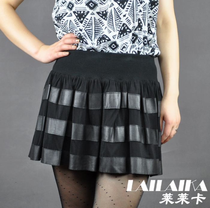 DHL free delivery Leather skirt sheepskin genuine leather pleated skirt female elastic waist short skirt fashion all-match