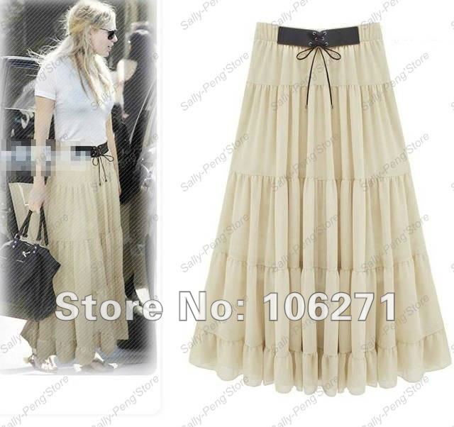 DHL Free Shipping 2012 Summer Newest European lady's chiffon Bohemia large hem long skirts,women Leather belt splicing dresses