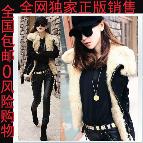 DHL free shipping 2013 autumn and winter pure wool collar fur outerwear canvas motorcycle leather wadded jacket fur coat female