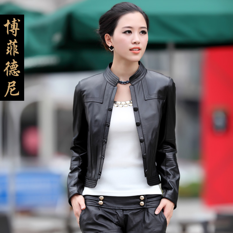 DHL free shipping 2013 stand collar button short design female genuine leather clothing sheepskin outerwear