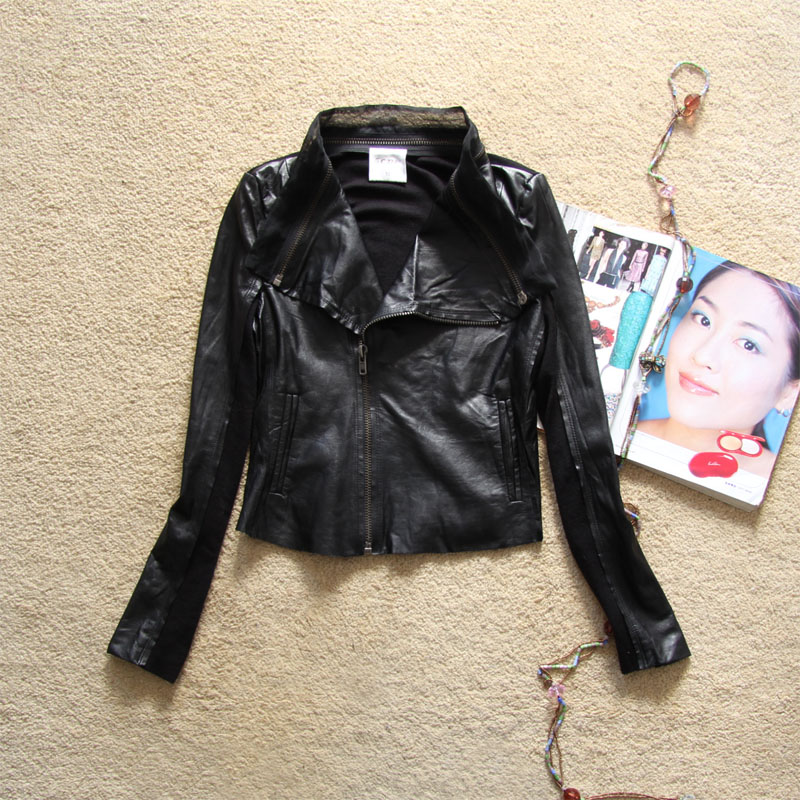 DHL free shipping 5cm oblique zipper sheepskin stand collar handsome genuine leather short design leather clothing female