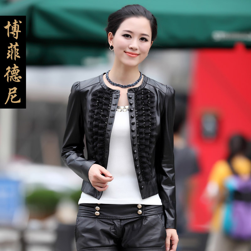 DHL free shipping Laciness decoration button genuine leather clothing female short design slim outerwear